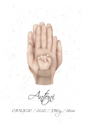 metryczka urodzeniowa, plakat dłonie rodziców i dziecka, na rączce dziecka brązowy sweterek