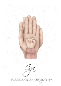 metryczka urodzeniowa, plakat dłonie rodziców i dziecka, na rączce dziecka różowy sweterek