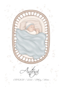 metryczka urodzeniowa, plakat śpiący chłopiec w kołysce, z niebieską czapeczką na głowie i niebieskim kocykiem