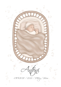 metryczka urodzeniowa, plakat śpiący chłopiec w kołysce, z brązową, beżową czapeczką na głowie i brązowym, beżowym kocykiem