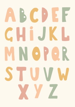plakat edukacyjny, kolorowe literki, alfabet, beżowe tło