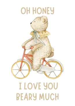miś jadący na czerwonym rowerze, napis oh honey i love you beary much