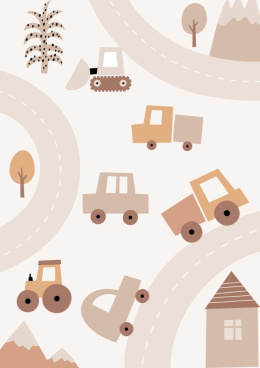 plakat dla dzieci , autostrada, beżowe samochody, traktor, beżowa koparka, beżowy dom, drzewa