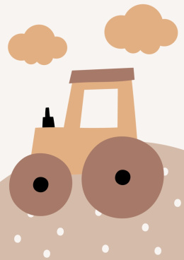 beżowy traktor z dużymi kołami, chmurki, beżowe tło