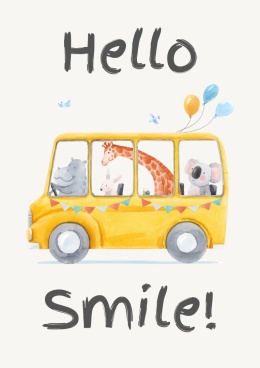 żółty autobus ze zwierzętami w środku, za kierownicą słoń, jako pasażerowie żyrafa,koala, kangur, zabawny napis hello smile!