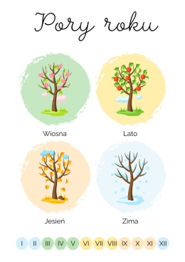 plakat edukacyjny pory roku, cykl rozkwitu drzewa, napis pory roku, wiosna, lato, jesień zima
