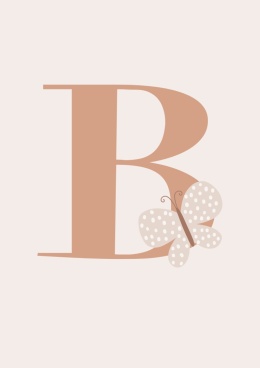 plakat brązowa litera B na beżowym tle, mały beżowy motylek